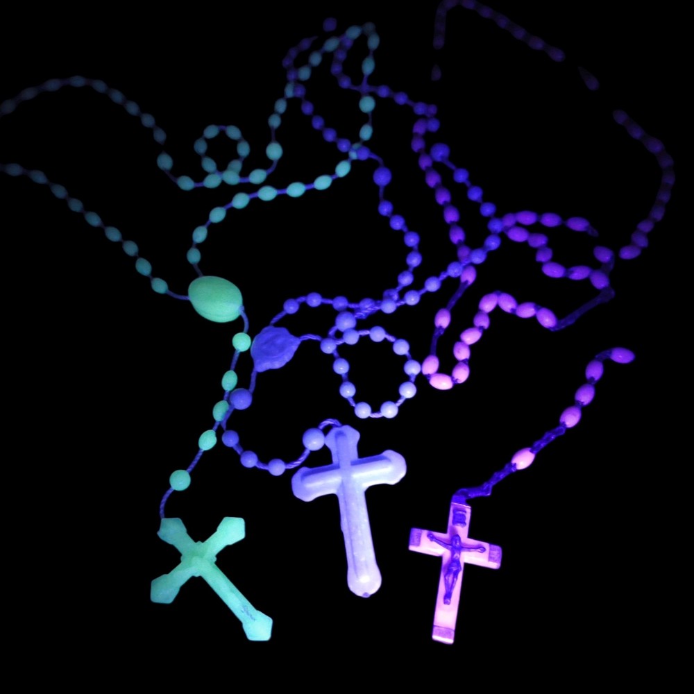 3 Vintage Catholic Rosary Beads Plastic 2 UV Glow Pink White Religious Prayer