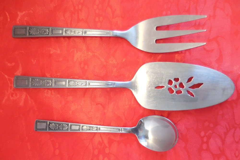SILVER LEAVES  Pattern Lifetime Stainless 3 Piece Serving Set E5A