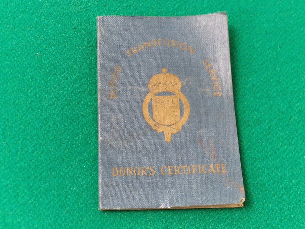 Vintage 1944 WW2 UK Blood Transfusion Service Donor's Certificate Joseph Ridgway