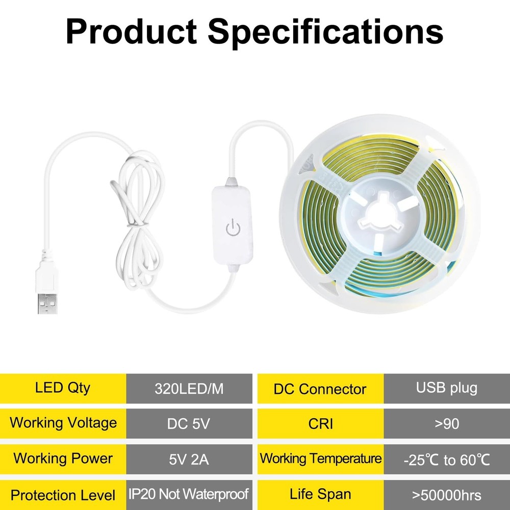 COB LED Strip Light, TV LED Backlight, 6.56ft USB Flexible, Cuttable, Dimmabl...