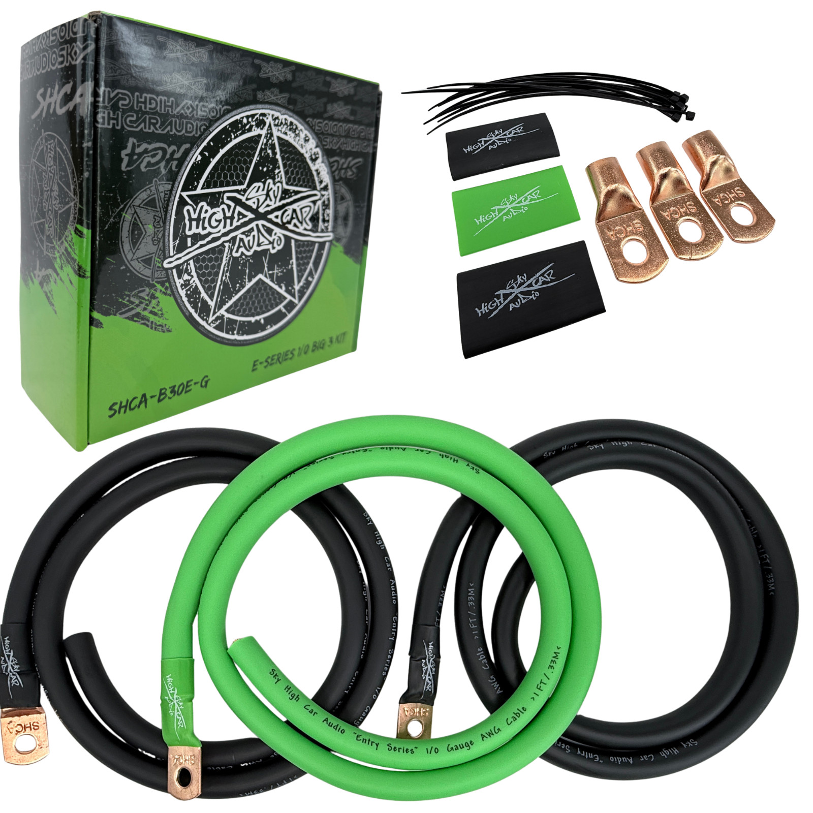 Sky High Car Audio E-Series 1/0 Big 3 Upgrade GREEN/BLACK Electrical Wiring Kit