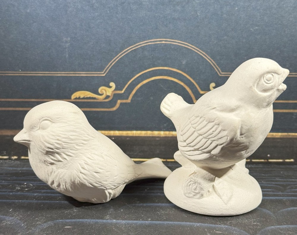 Small Bird on a Log & chickadee Figurines-Unpainted Ceramic Bisque