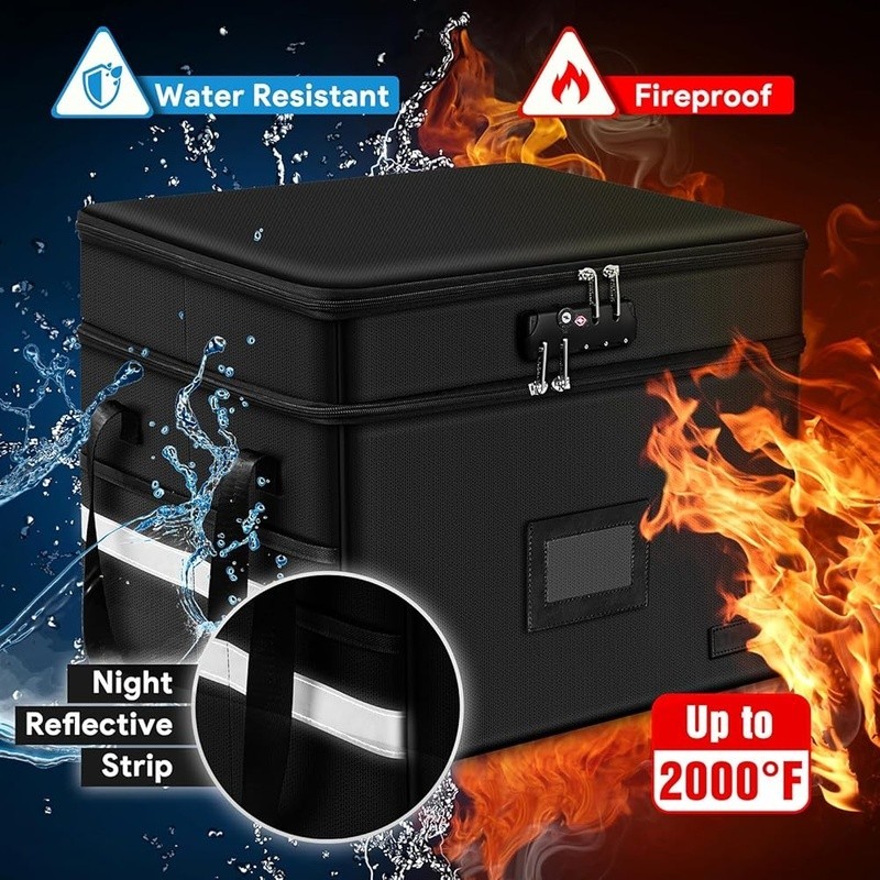 Fireproof Waterproof Double Layer File Storage Box W/ Lock Portable Organizer US