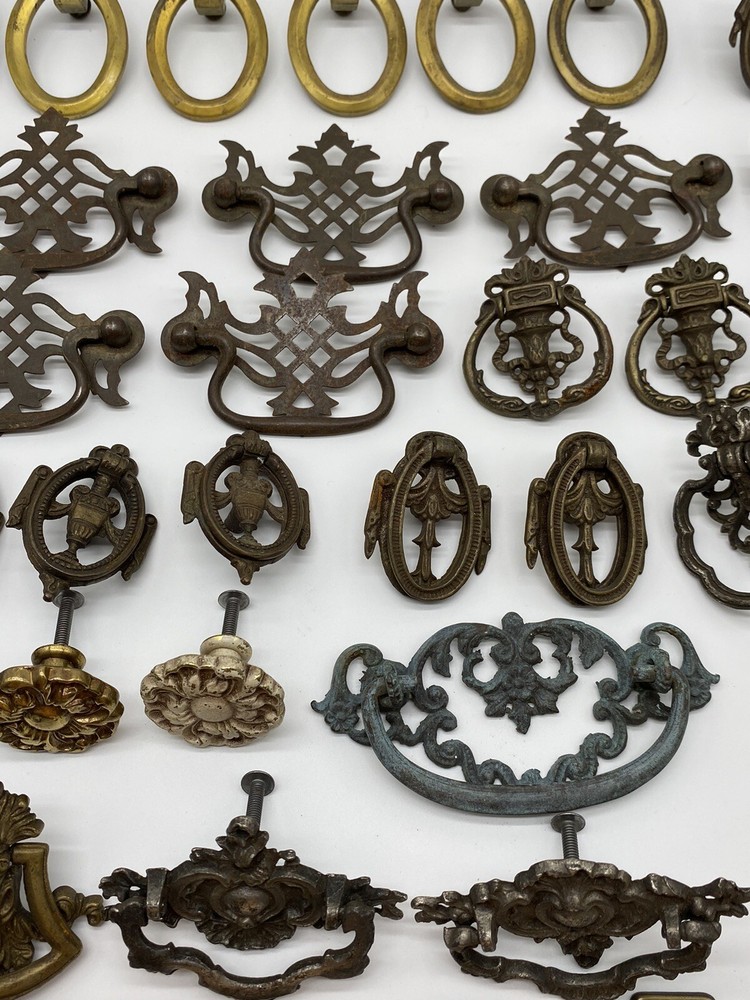 Vintage Lot of over 50 Assorted Brass Drawer Handles Pulls Knobs Plates Misc