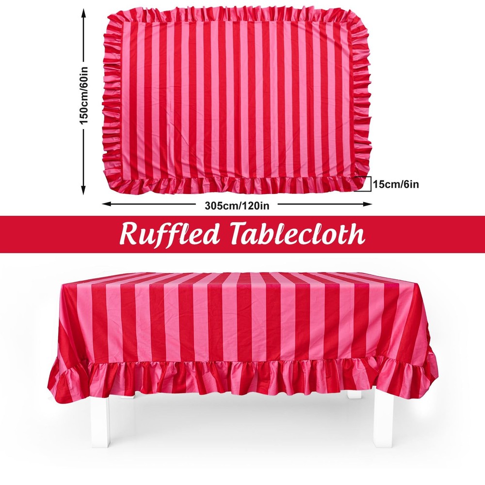 Ruffle Tablecloth Table Cloth Boho Pink Red Striped Rectangle Decorative Tabl...