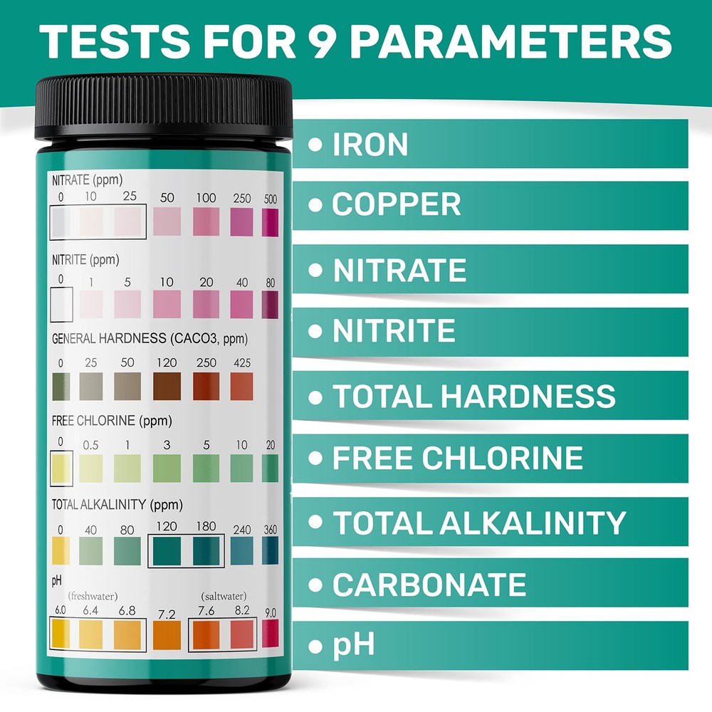 9-in-1 Aquarium Test Strips - Quick Accurate Water Testing for Fish Tanks