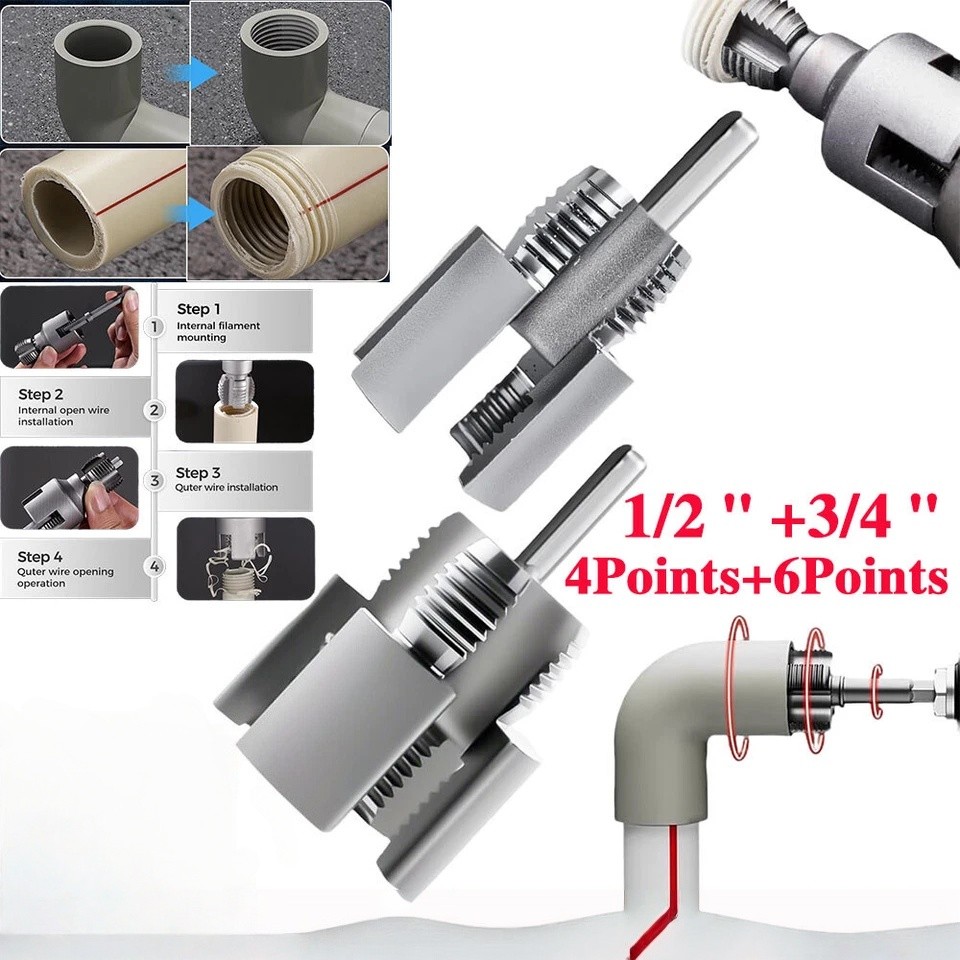 Dual Function Pipe Threader Tool for Repairing PVC Pipe Threads, 1/2” 3/4” Kit