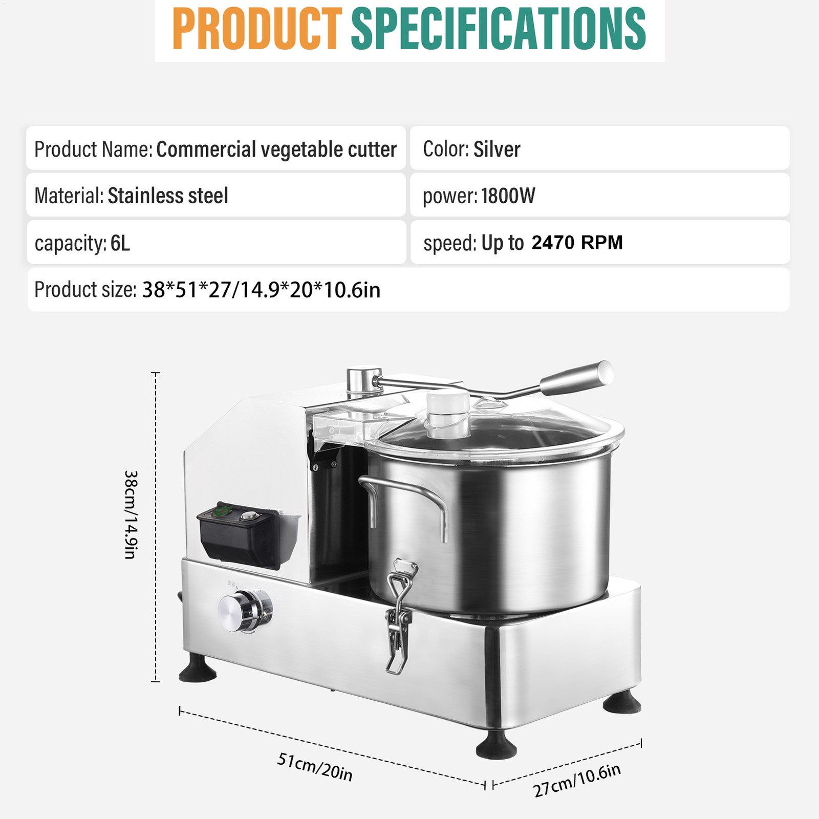 1800W Commercial Food Processor Stainless Steel Electric Vegetable Meat Chopper