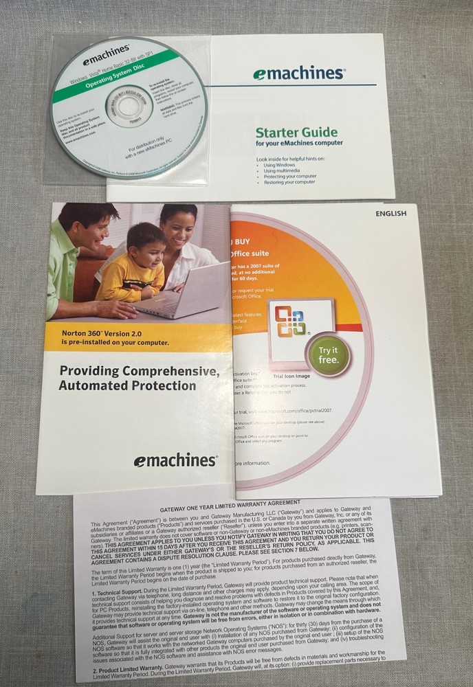 2007 2008 eMachines Operating System Disc Windows Vista Home Basic 32-Bit + Docs