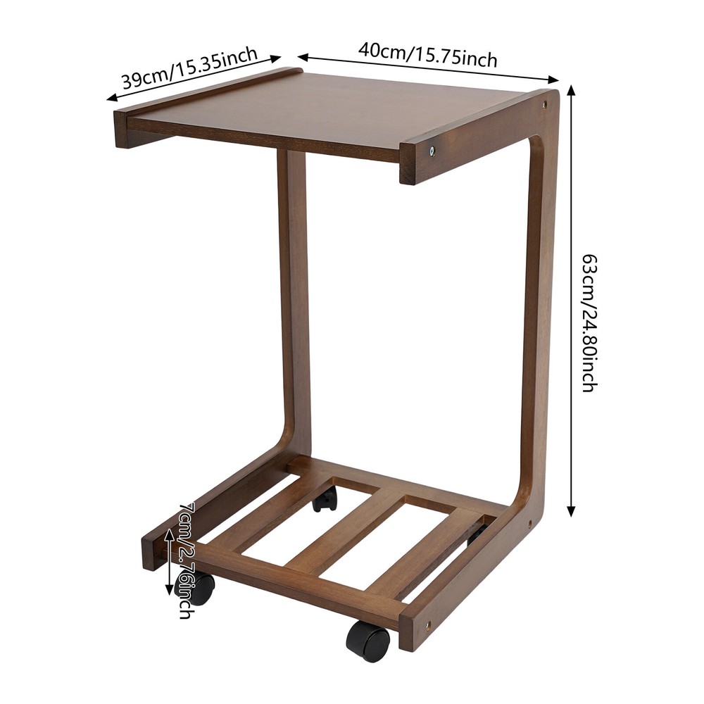C-shaped End Table W/ Universal Wheels Walnut-colored Freestand Small Side Table