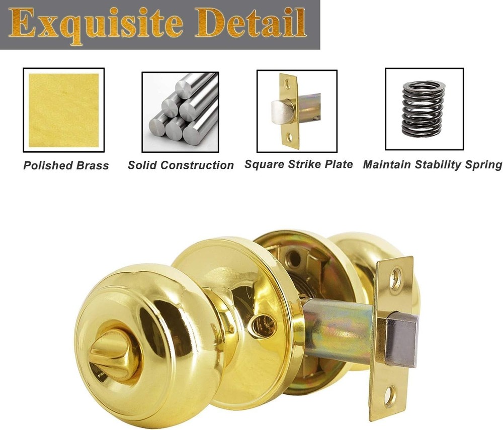 Classic Polished Brass Door Knobs, Keyless Locksets, 3 Pack