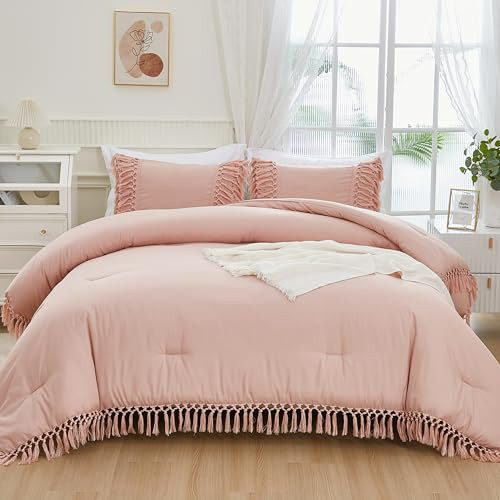 Pink Full Size Comforter Set, 3 Pieces Boho Tassel Lightweight Soft Bedding