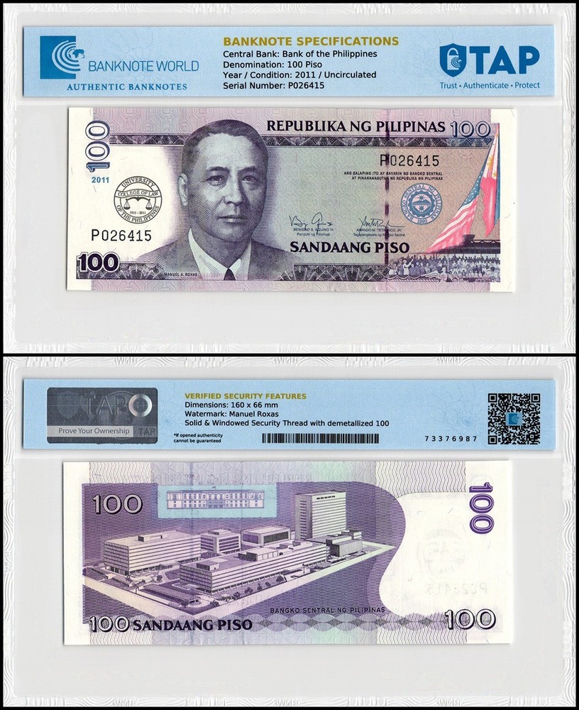 Philippines 100 Piso, 2011, P-212B, UNC, Commemorative, TAP Authenticated