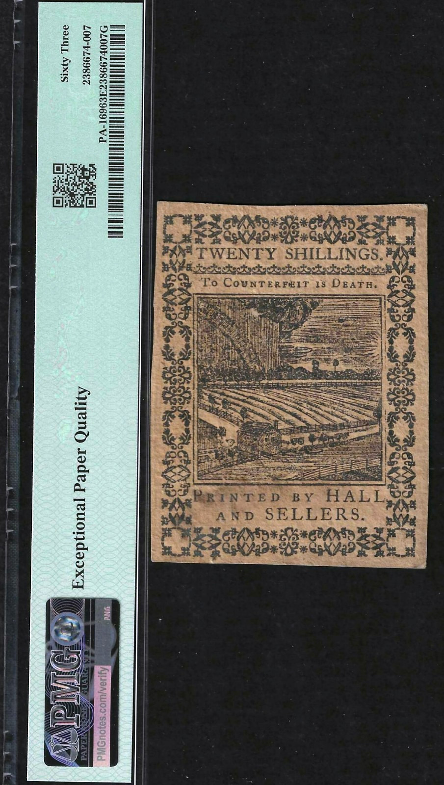 1773 PENNSYLVANIA COLONIAL 20 SHILLINGS (1 POUND) ~ PMG GEM UNCIRCULATED 63 EPQ
