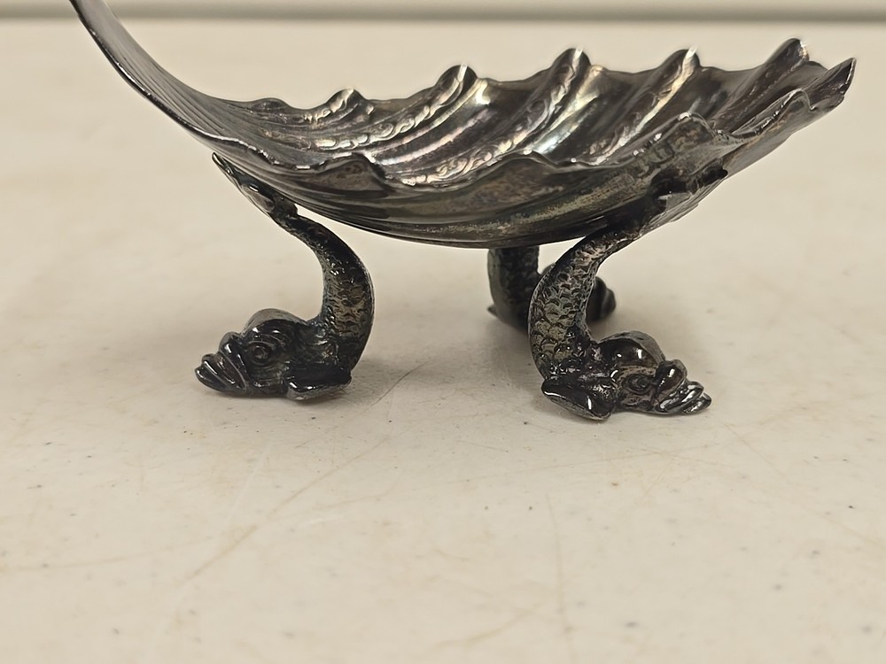 Antique Victorian Scroll Handle Dolphin Footed Silver Shell Dish Salt Dip