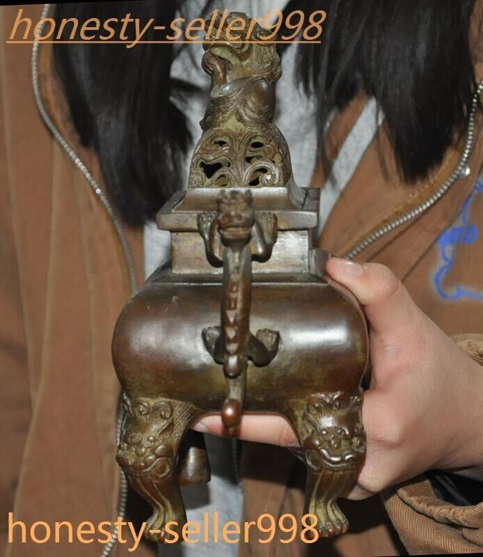 8.6" Ancient Chinese Pure bronze dragon loong beast statue Incense burner censer