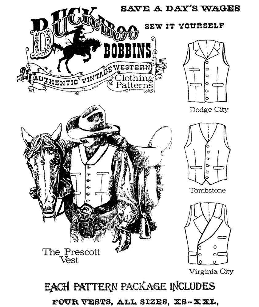 Buckaroo Bobbins Cowboy Western Vest Chest Sizes 34-58" 4 Styles Sewing Pattern