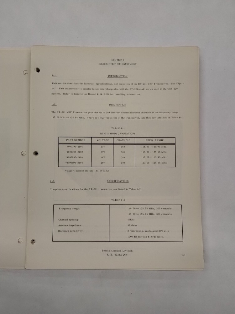 Bendix RT-221 Comm Receiver-Transmitter CNS-220 VHF Comm/Nav Maintenance Manual