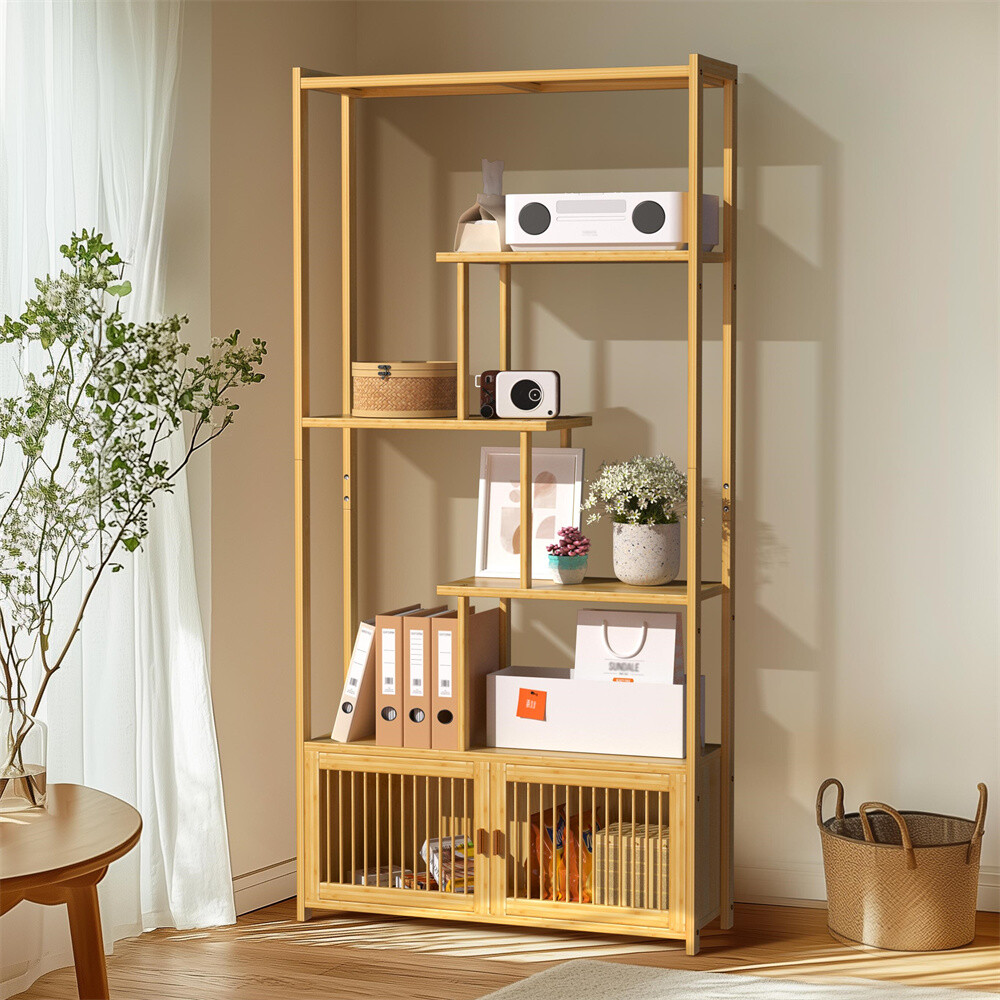 Bamboo 6-tier Storage Rack Blind Door Cabinet Staggered Shelf Etagere Bookcase