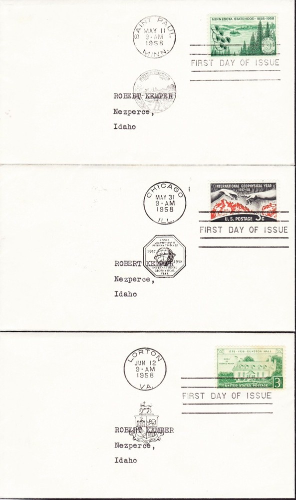 U.S. FDCs; 17 Different, issued 7/57 thru 6/58 - Sc. #C49 & #E21
