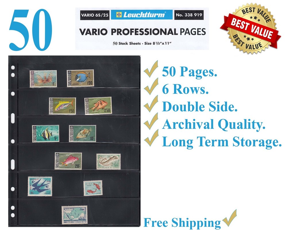 50 Lighthouse Vario 6S Stamp Stock Pages 6 Rows Double Side Archival Sheets New