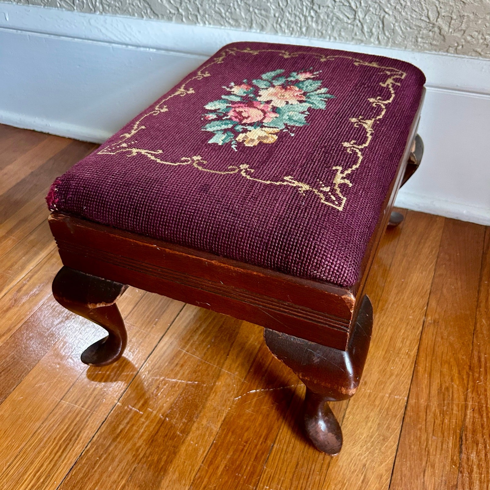 Antique Needlepoint Footstool with Queen Anne Style Legs