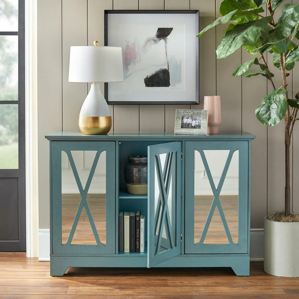 Mirrored Buffet Console Cabinet Storage Center Antique White Distressed Finished