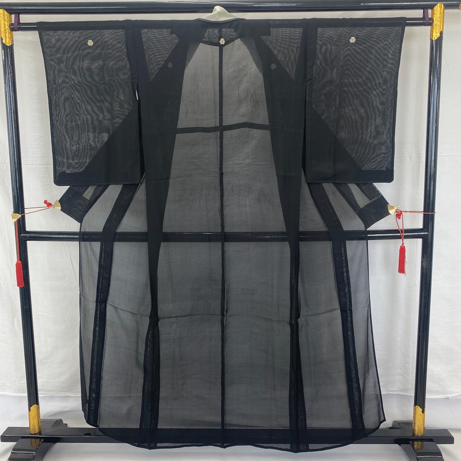 Japanese Vintage Kimono Polyester Black No Lining Family crest Length 61 in