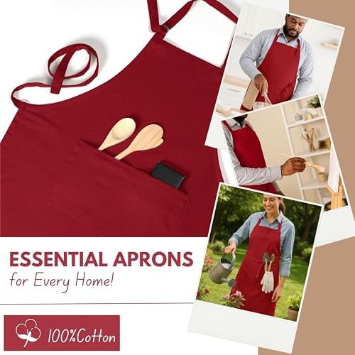 Kitchen Apron 2 Pack - 100% Cotton Adjustable, Durable Apron with Pockets, Red