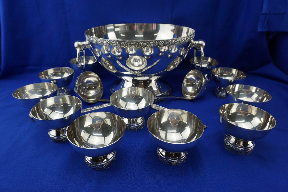 Silverplated 2-Handled Punch Bowl, 11 5/8" w/ 11 Footed Cups, 2 3/4" & 2-Ladels