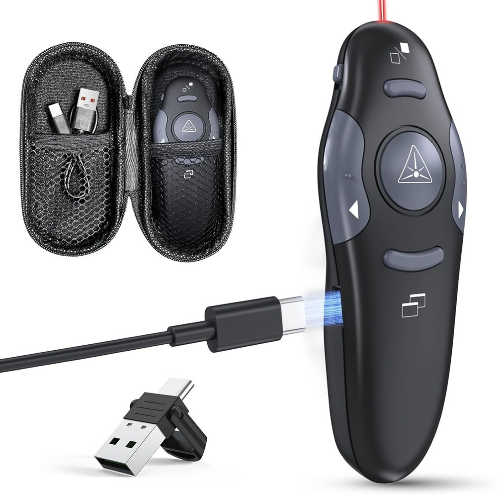 Wireless Presentation Clicker USB-C Rechargeable w/ Case & Red Laser – PPT & oth