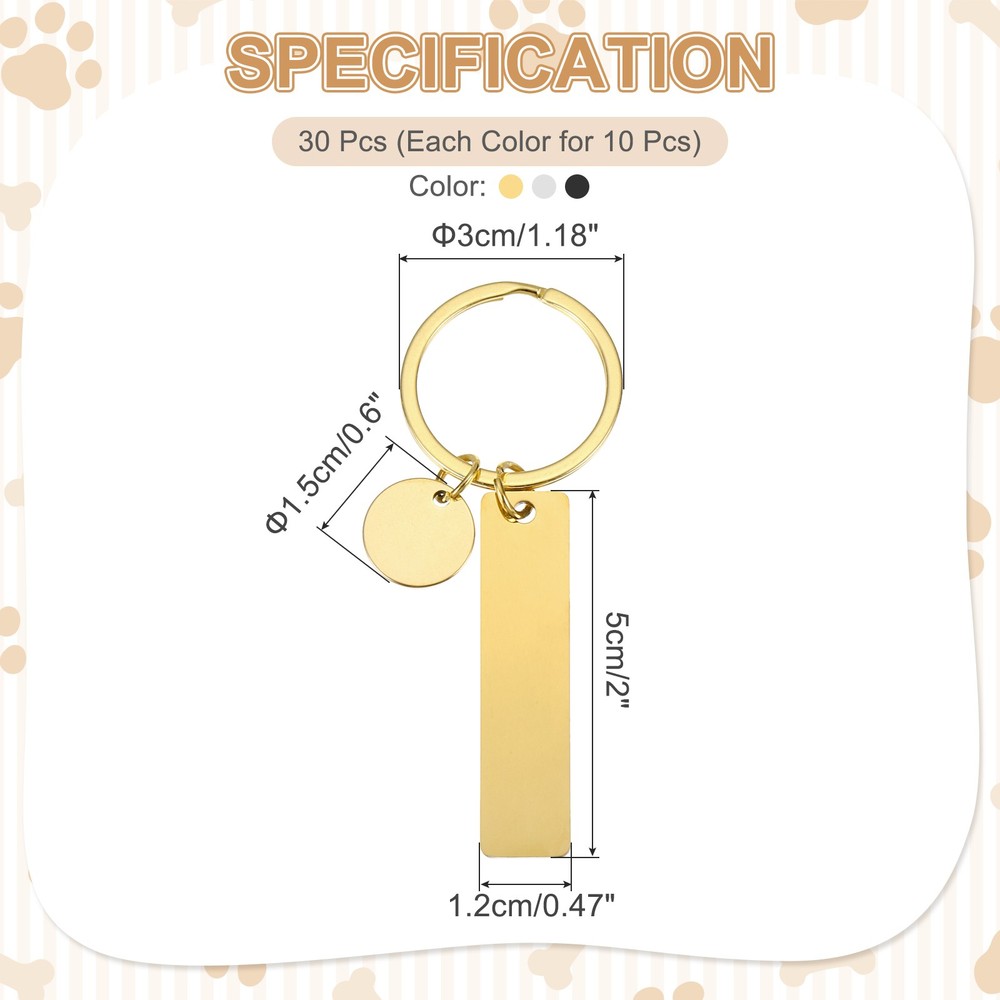 30Pcs Metal Engraving Keychain Blanks, Gold Tone/Silver Tone/Black(Rectangular)