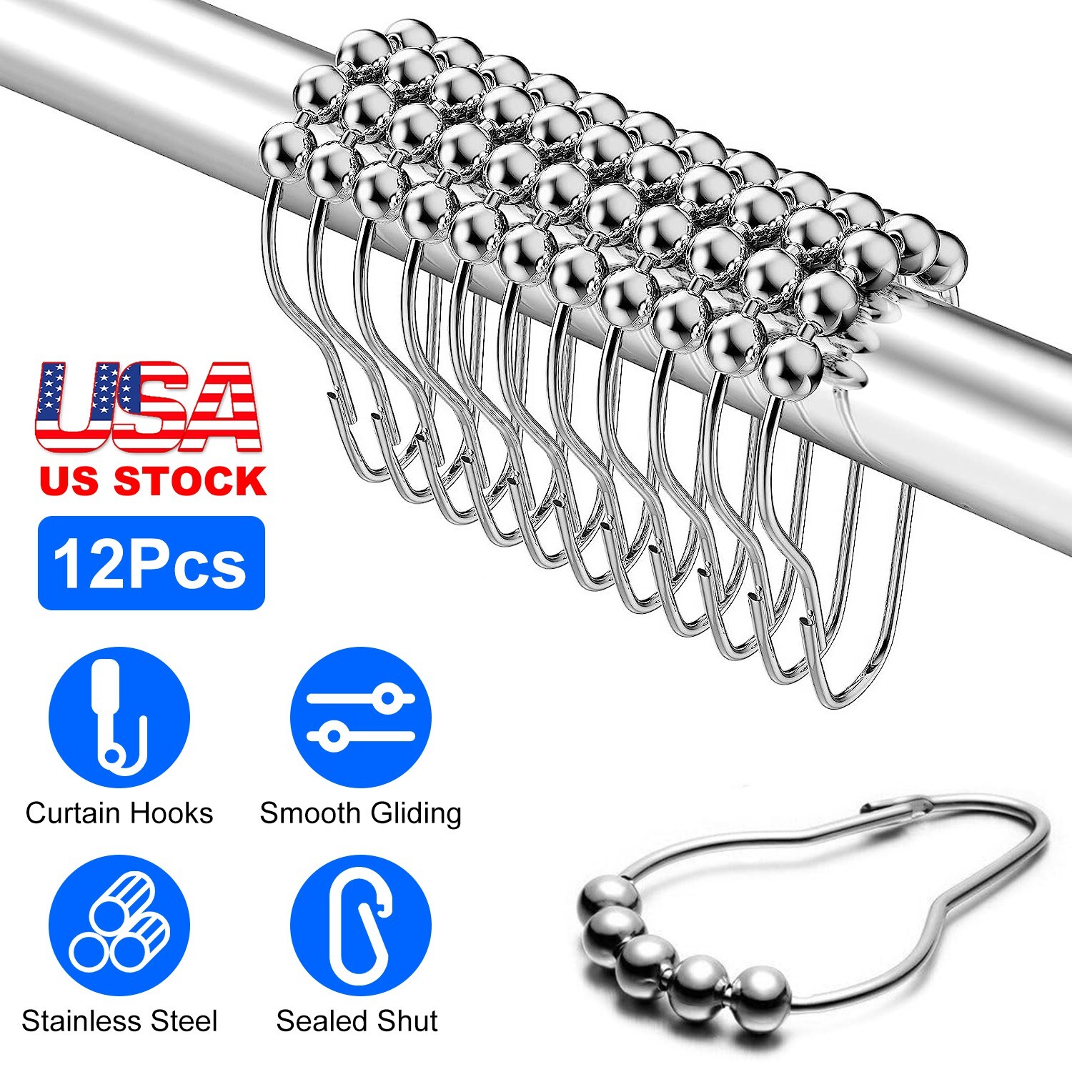 12 Sets of Shower Curtain HOOKS RINGS Stainless Steel Roller Set for Bathroom