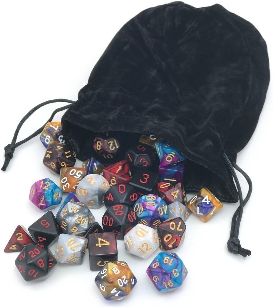 Assorted Polyhedral Dice Set with Black Drawstring Bag, 5 Complete Dice Sets ...