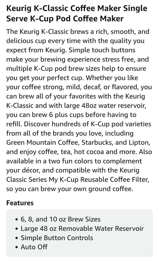 Keurig K-Classic Coffee Maker Programmable Single Serve K-Cup Pod 3 Brew Sizes