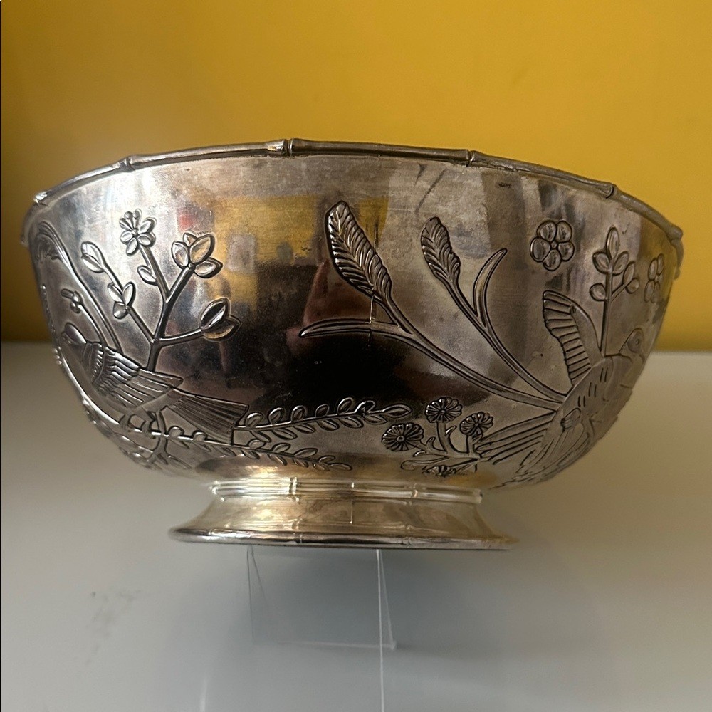 Godinger Silver Plate Decorative Large Fruit Bowl with Flower and Bird Design