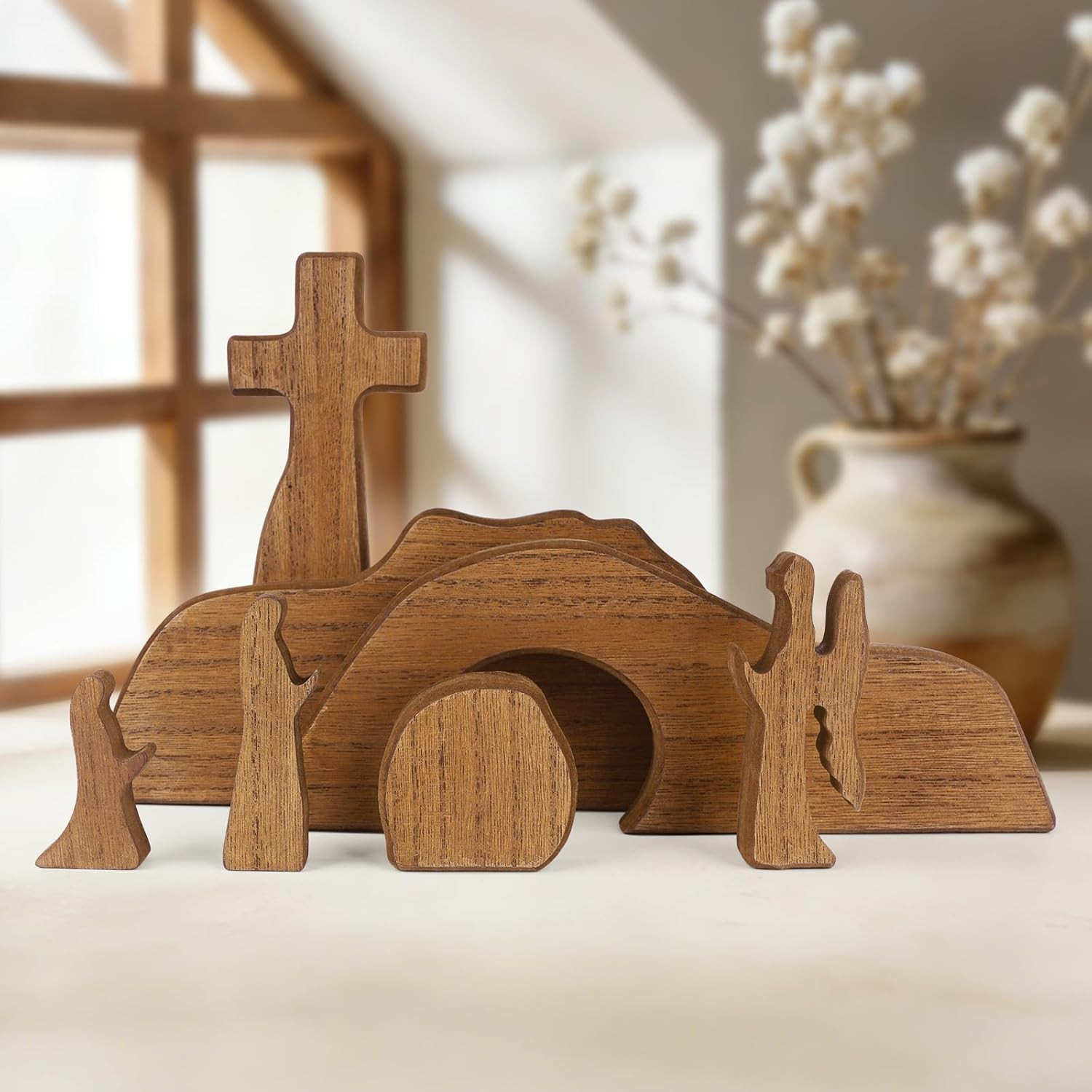 Empty Tomb Easter Scene and Cross Decoration, Wooden Easter Resurrection Scene S
