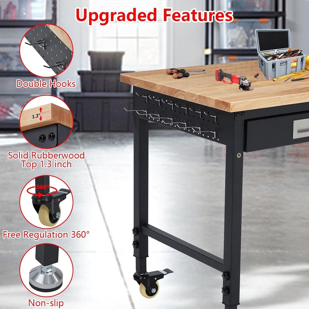 48" Adjustable Height Workbench 2000 LBS Workstation W/ 9.8FT Cable & Drawer USA