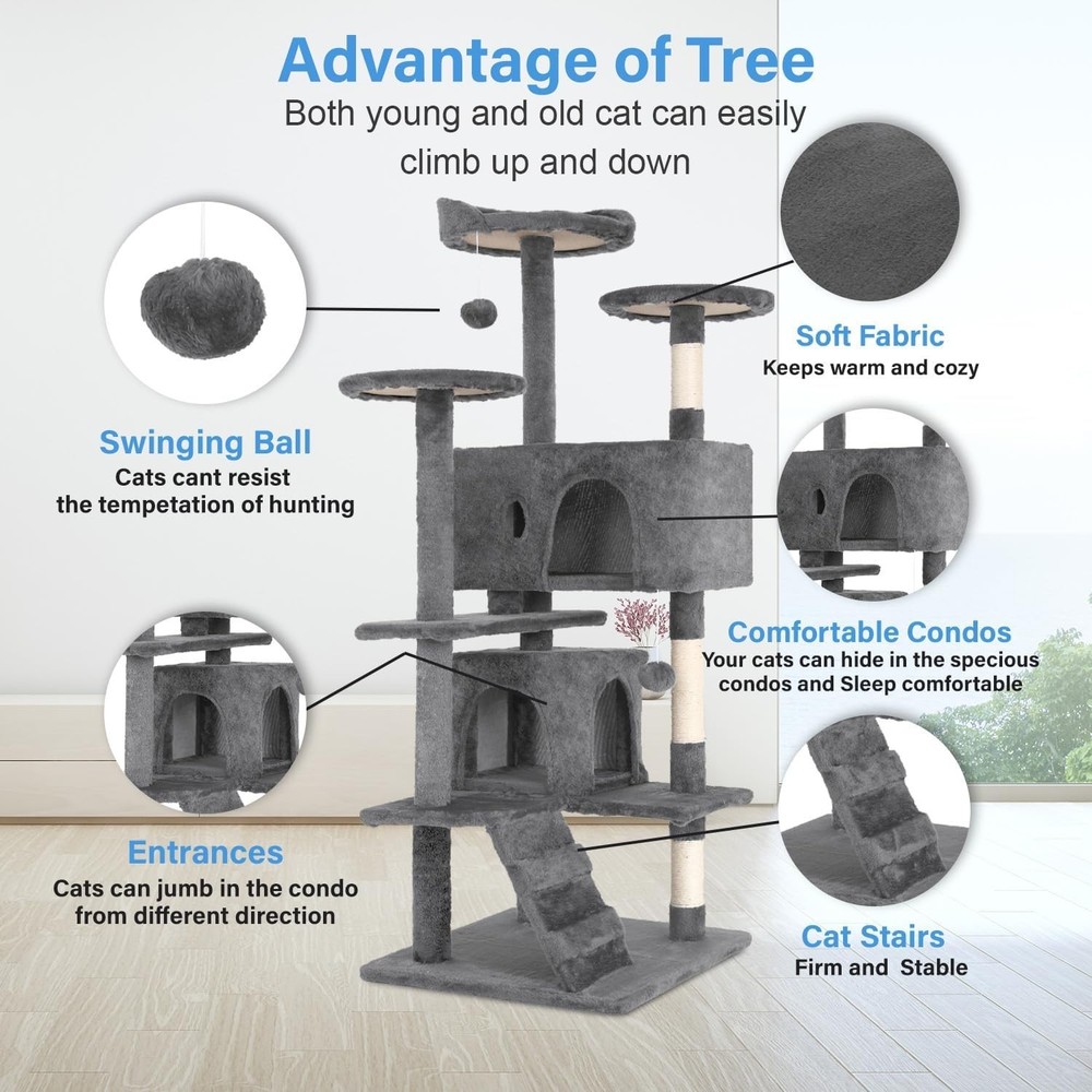 54" Cat Tree Tower | Light Gray | Multi-Level Indoor Activity Center with Sis...