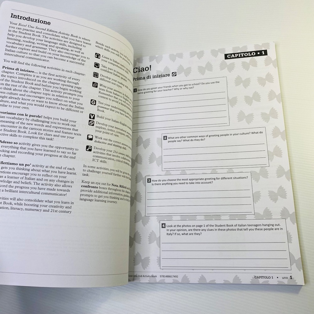 Ecco Uno Activity Book Second 2nd Edition 2E Italian Language AB Pearson