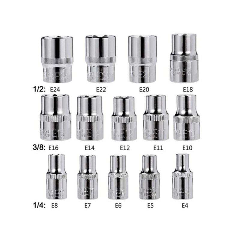 14Pcs E Torx Star Female Bit Socket Set 1/2" 3/8" 1/4" Drive E4-E24 Storage Case