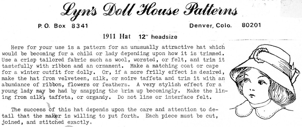 1911 Hat for Dolls 12" Headsize - Lyn's Doll House Patterns