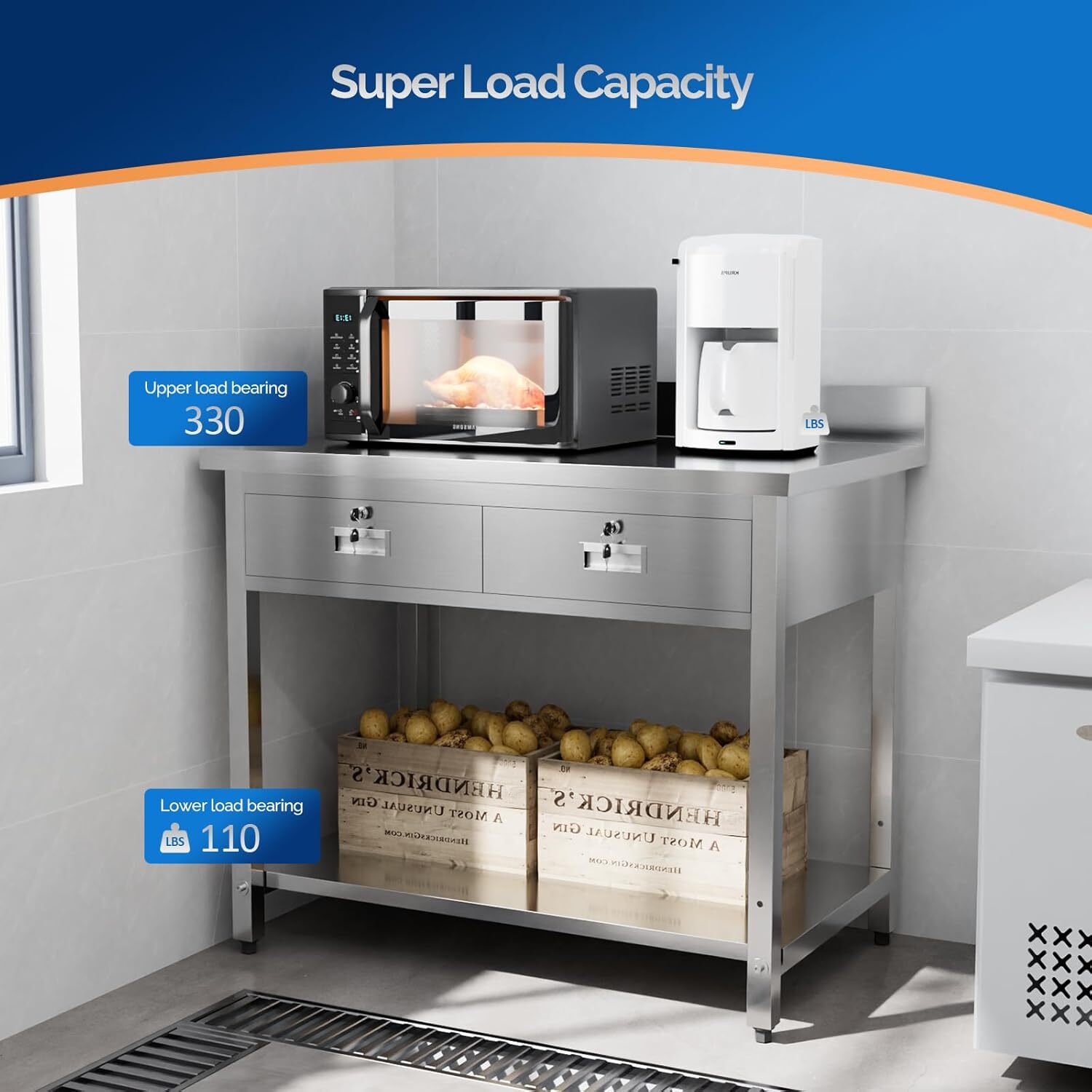 Heavy Duty 42 x 26 " Stainless Steel Work Table with 2 Drawers and Undershelf