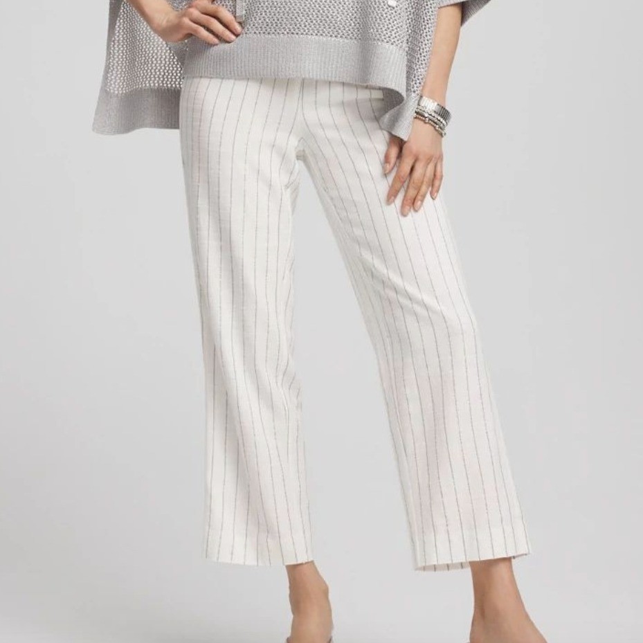 Chico's Size 2 US 12 Pull On Crop Fashion Pants Straight Metallic Stripes NEW