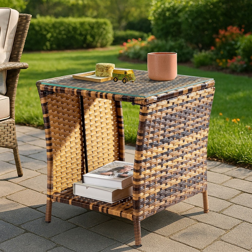 Glass Surface Yellow Gradient Iron Frame Rattan Side Table