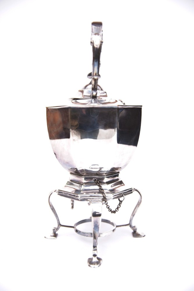 Silver-plated tilting spirit kettle, Carrington & Co
