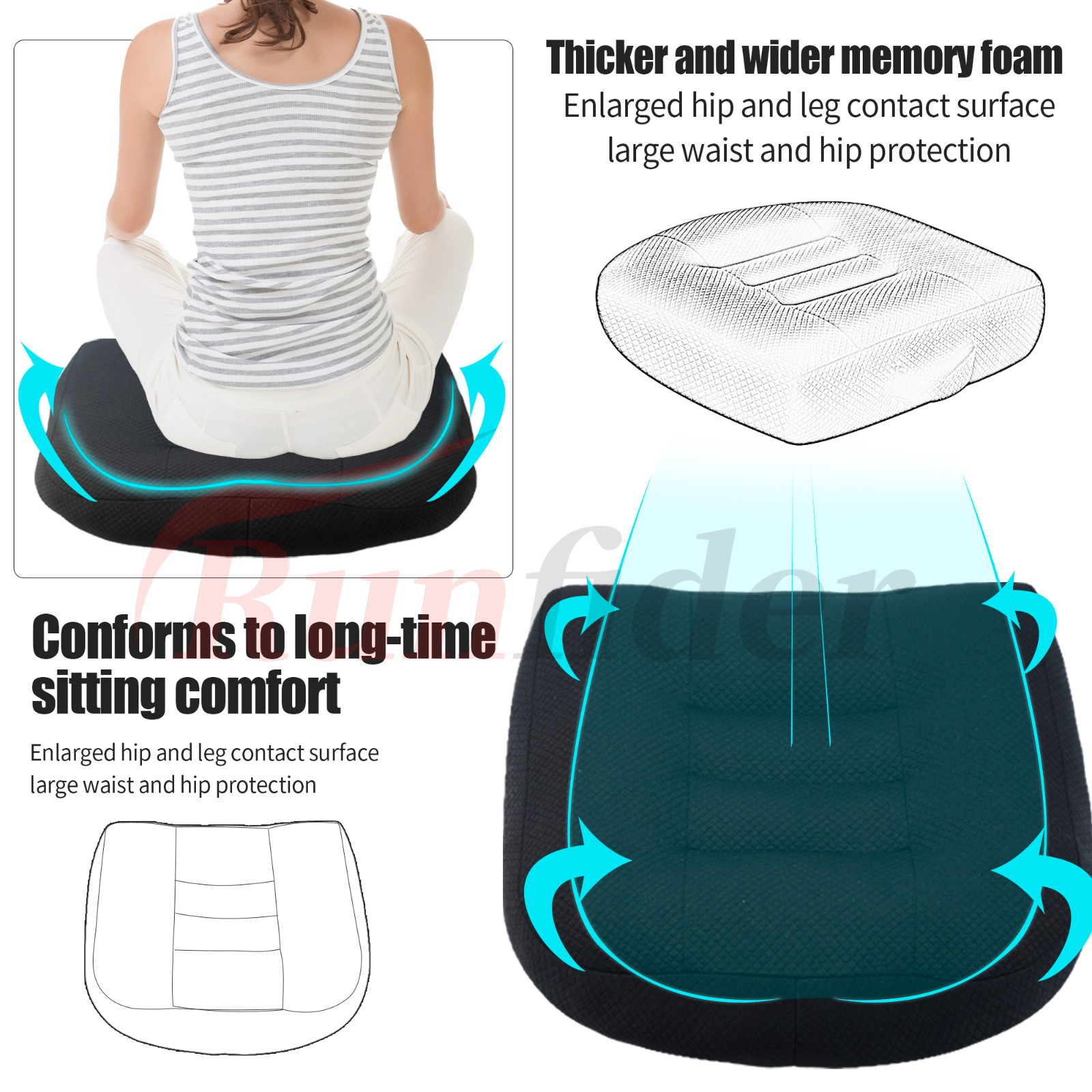 Black Ergonomic Seat Cushion 15.7x15.7x4.7in – Breathable Mesh for Car/Office