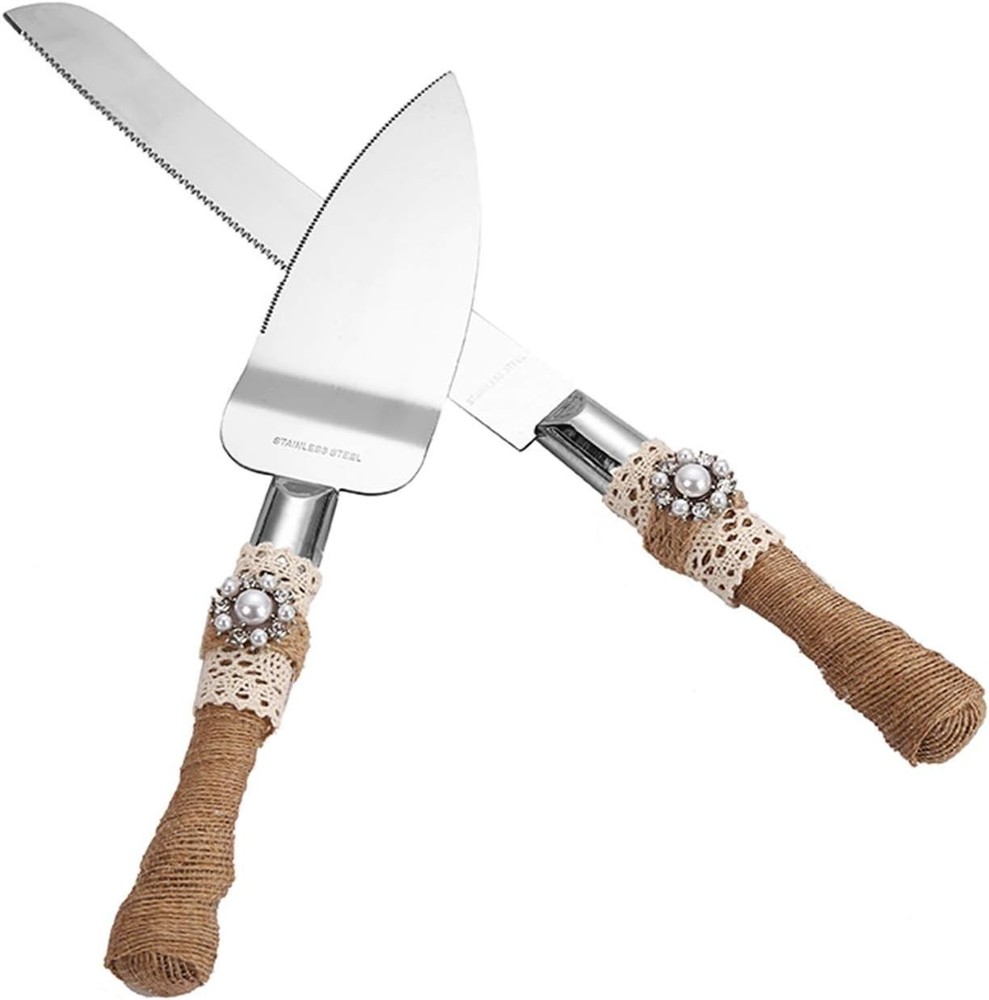 Charming Handcrafted Wedding Cake Knife & Server Set - 2-Piece Rustic Elegance
