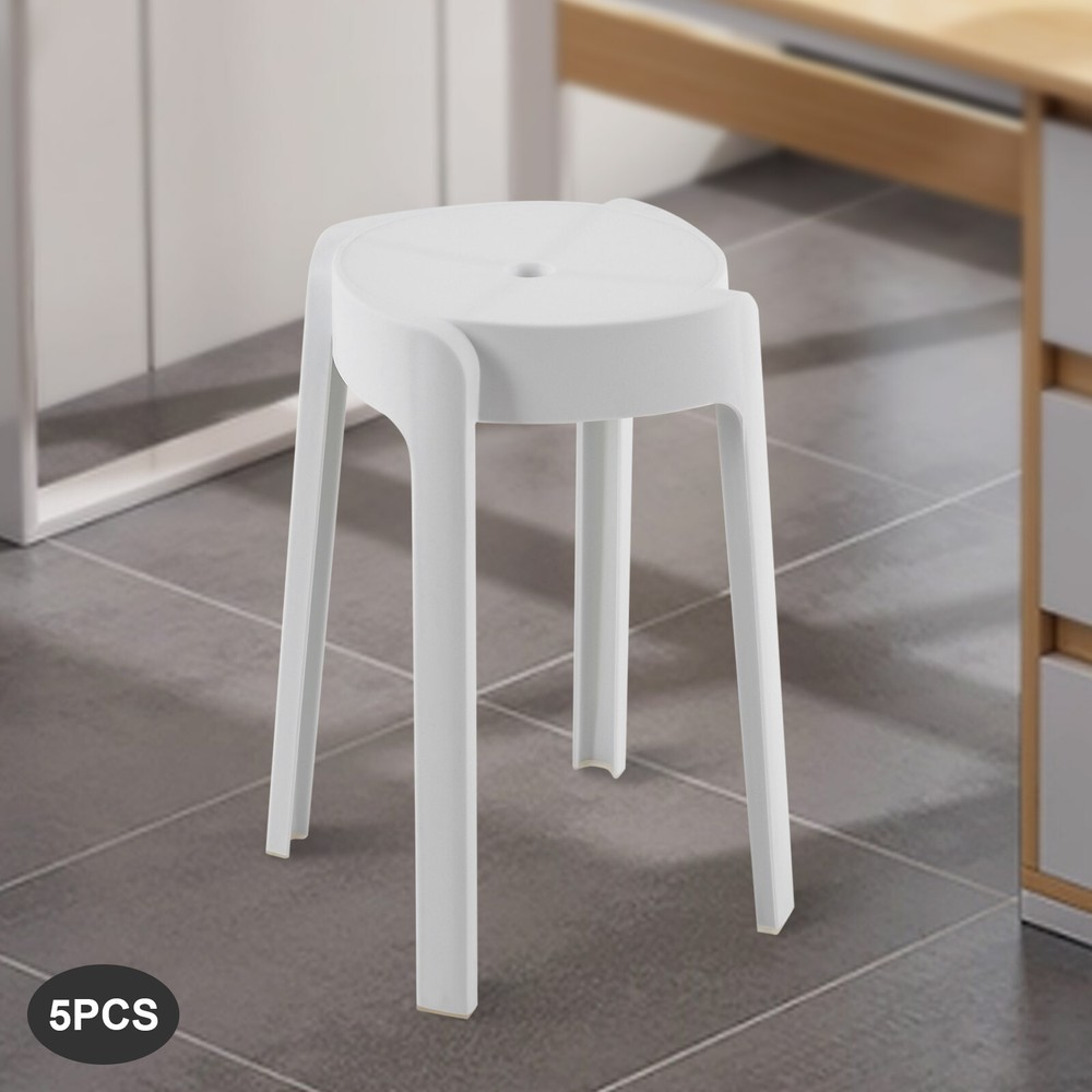 Plastic Stools 18'' Counter Height Kitchen Bar Chairs Set of 5 Stackable White