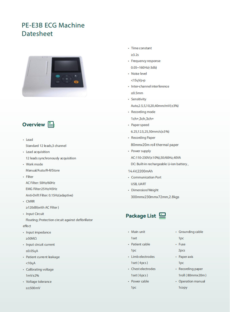 5 inch color screen 3-channel 12-leads ECG Machine PE-E3B with PC Software
